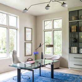 Vibrant contemporary study with blue accents and modern furniture; Houston, TX