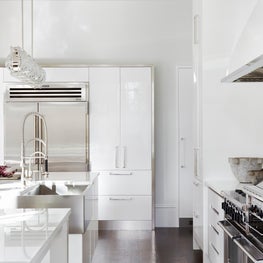 Contemporary kitchen with glossy white cabinets and steel apron sink