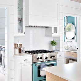 Kitchen, Turquoise Big Chill Range, Subway Tile Backsplash, Custom Cabinetry, Billy Baldwin Hardware, Restoration Hardware