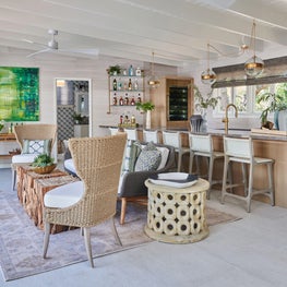 Midcentury Pool Cabana with an entertainer's kitchen and lounge area.