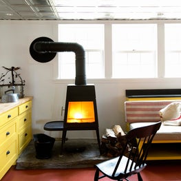 Connecticut Farmhouse, Kitchen, Yellow Cabinets, Stove, Metal Coffers