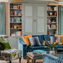 Living room with blue velvet sofa schumacher slipper chair & robins egg bookcase