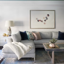 Upper East Side Living Room with green lacquered ceiling and splash pillow