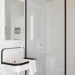 Mies : Wall Mount Sink, Sconce, Metal Frame, Shower, Medicine Cabinet, Black & White