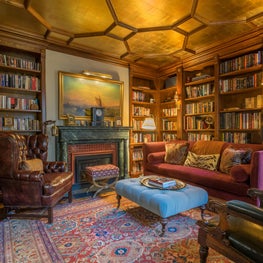 Old World Library with Gilt Coffered Ceiling Decoratively Painted Fireplace