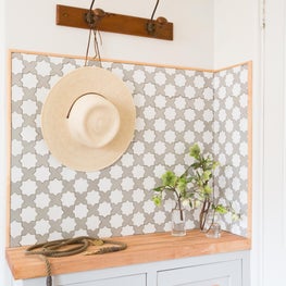 Laundry Room with Cement Tile Mosaic, Copper Hardware and Antique Hat Rack