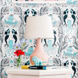 Bedside Table Detail. Mermaid Wallpaper. Kids' Room in Anna Maria, Florida