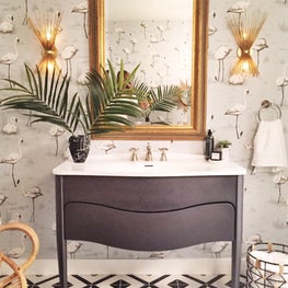 Bohemian Modern Bathroom with Flamingo Wallpaper and Tiled Floor