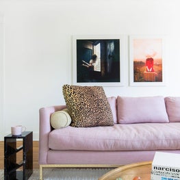 Modern Living Room with Sofa in Pastel Linen with Leopard, Brass and Marble