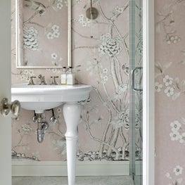 Pink Guest Bath with Marble Mosaic Floor and Mural Wallcovering