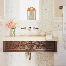 Malibu Spanish Colonial, Powder Room featuring white marble mosaic & oak details