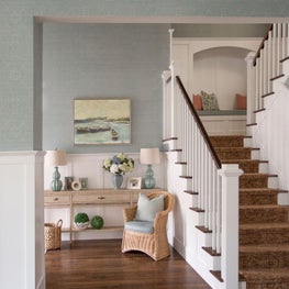 Transitional staircase with craftsman details