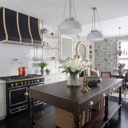 Traditional farmhouse kitchen with modern updates, floral wallpaper
