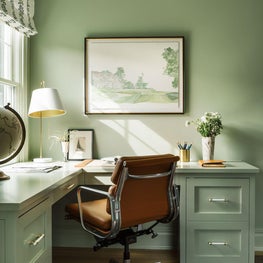 Home office with custom green built in desk and Eames desk chair
