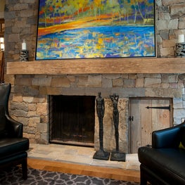 Stone Fireplace in Farmhouse Family Room
