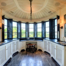 Master Bathroom with Curved Double Vanity, Black Sash Windows and Black Shutters