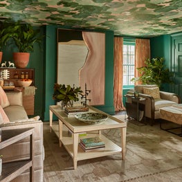 Portfolio: Downstairs Living Room in Blush & Green Tones with Lily Pad Wallpapered Ceiling