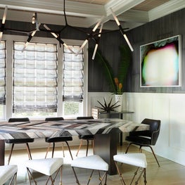Southampton Residence, Dining Room with Custom Dining Table and Stools