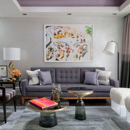 Kips Bay Show House Family Room, hide rug, purple lacquer ceiling, modern design