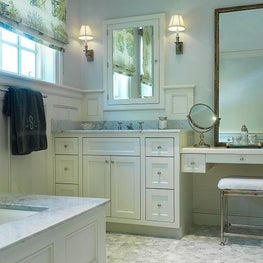 Blue/gray master bath w/ marble accents and vanity 