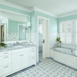  Master Bathroom with Paneled Tub Surround and Basket Weeve Marble Mosaic Floor