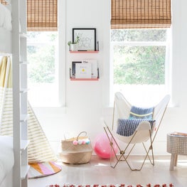 Bohemian Beach House Girls' Room - Pink Accents, Woven Wooden Blinds, Tribal Rug
