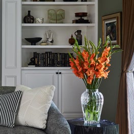Living Room Vignette with Bookshelves and Ebonized Table