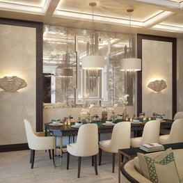 The reflective antique mirror increases spacial illusion.