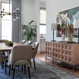 Portfolio: Formal dining room with rustic wood console and a Michael Kennaugh painting