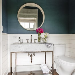 Deep Sea Powder Room, Wide Horizontal Wainscot, Marble,Nickel,Glass Shelf Vanity