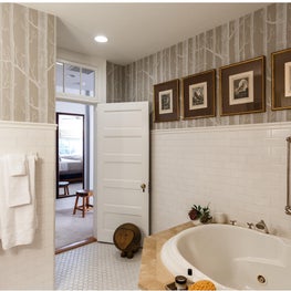 Bathroom w/ Cole & Sons woods wallpaper- design by Sophia Shibles