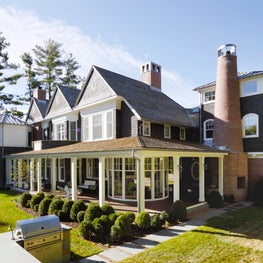 Portfolio: Short Hills Shingle Style Residence, Covered Porch with Fireplace