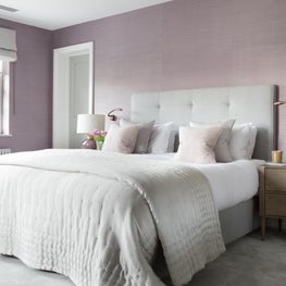 Master bedroom featuring textured grasscloth wallcovering, serene colours 