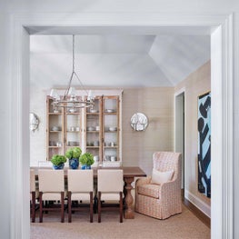 Dining Room, Restoration Hardware Dining Table, Cream Wallpaper, Statement Art, Plush Dining Chairs , Rug - Ravinia Residence Project
