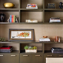 Modern Study with Textural, Graphic Wallpaper, Austin Pied À Terre, Austin, TX