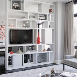Modern NYC Living Room with TV integrated into bookshelves, and colorful art.