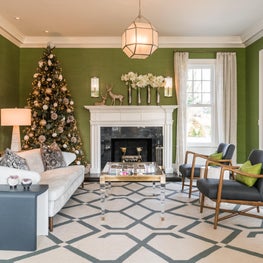 Christmas Living Room, Mid-century Chairs, Tables in Lucite & Glass, Grasscloth