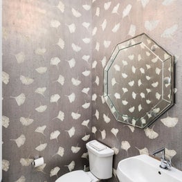 SLEEK CONTEMPORARY METALLIC RESIDENCE metalic wallpaper, ginko leaves pattern, taupe poweder room, octagon mirror, round chandelier