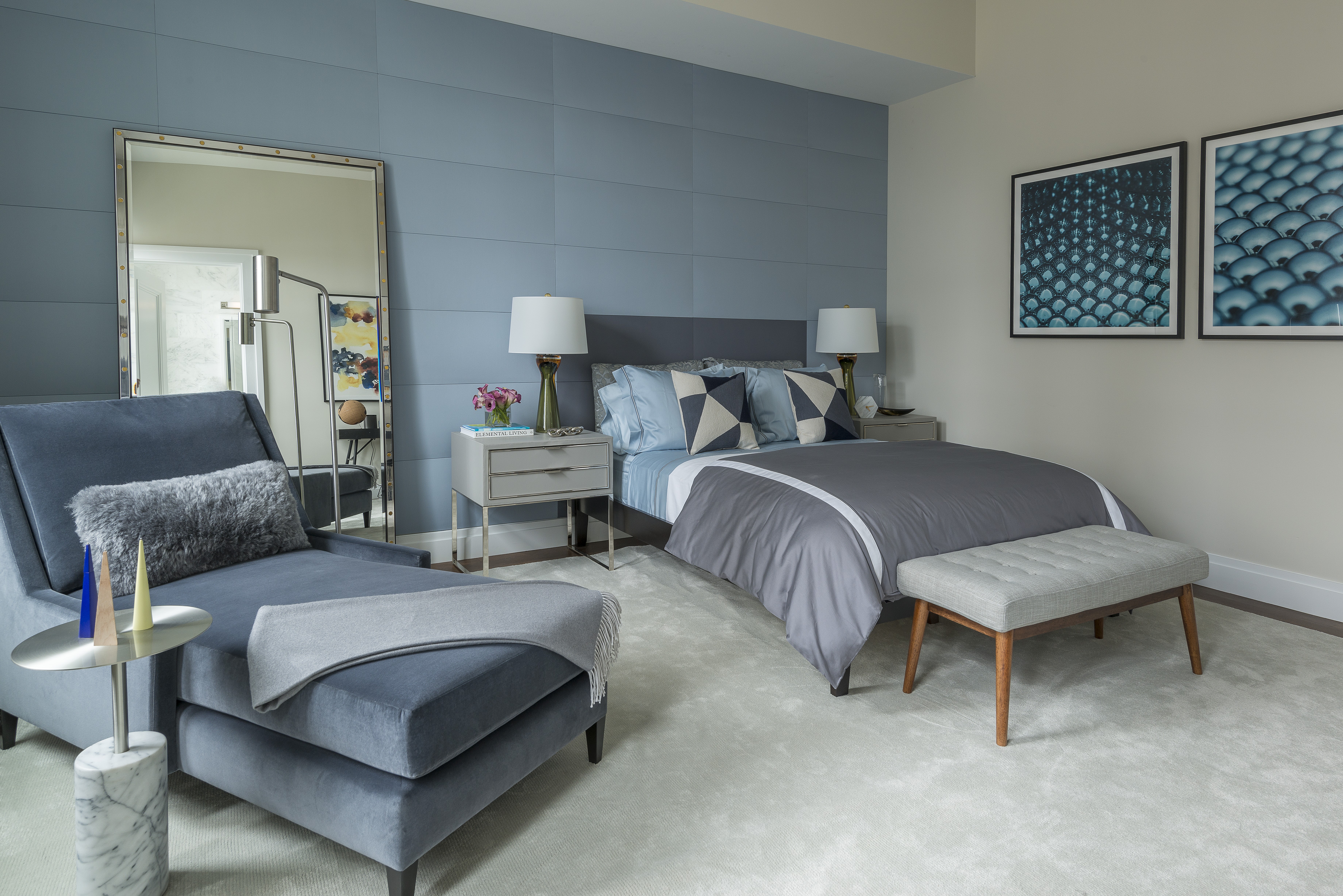 NYC Apartment Bedroom, Upholstered wall and headboard, blue and grey 