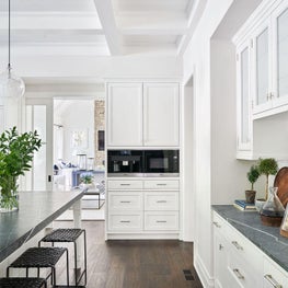 White Kitchen, Soapstone Countertops, Dash and Albert Rug, Cisco Brothers Overhead Lighting, Mark Albrecht Stools, Miele Appliances - Coastal-Inspired Chicago Project