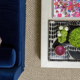 Blue Velvet Couch and Accessorized Coffee Table with Green and Pink Accents