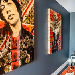 Entry hall with modern art, custom rug and custom steel console