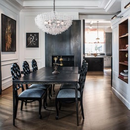 17th Street Residence, Dining Room, steel fireplace, herringbone flooring