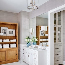 Master Bathroom, Wallpaper, Linen Closet, Sconces, White Cabinets - Ravinia Residence Project