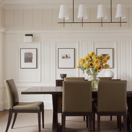NYC Apartment Dining Room, ceiling beams, white walls, neutral color palette