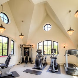 Carriage House Exercise Room with Cross Vault Ceiling, Cupola and Round Windows