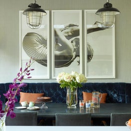 Dining area, Crouch End, London, with blue velvet banquette