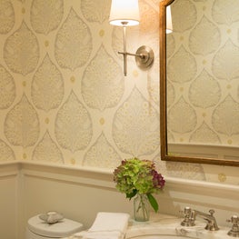 Powder Room w neutral patterned modern wallpaper 