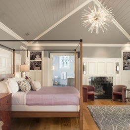 Master bedroom with vaulted ceilings, four poster bed, Deborah Sharpe Linens