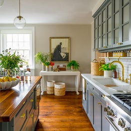 Bright Kitchen with Hardwood Floors, Dark Grey Cabinetry and Indoor Plants